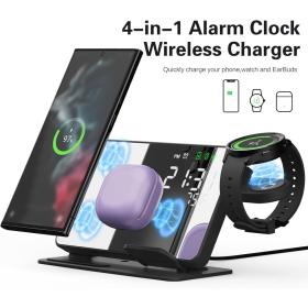 Chargeur sans fil 4 en 1 et station de charge ultra rapide avec Miroir Réveil integré